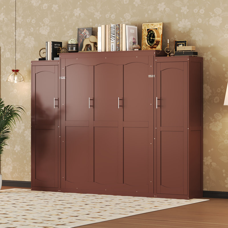 Lit escamotable double en noyer pleine grandeur avec 2 armoires et tablette de rangement - Lit plateforme pliable multifonctionnel pour chambre d'amis