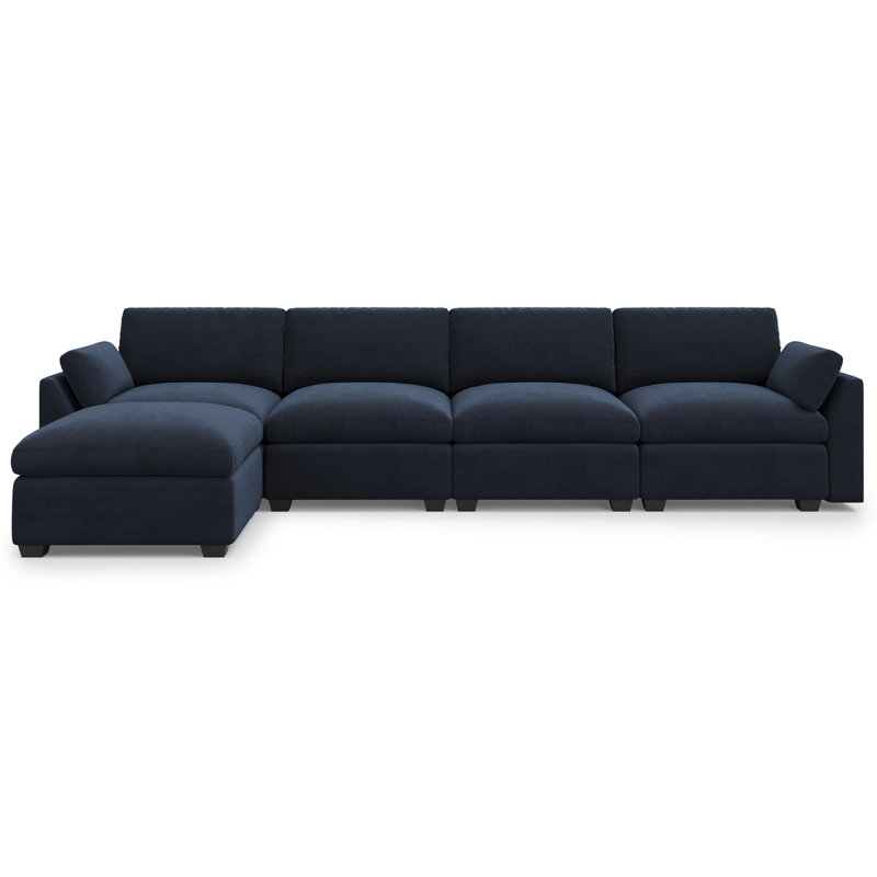 Canapé modulaire en L en velours avec repose-pieds mobile, Velours bleu