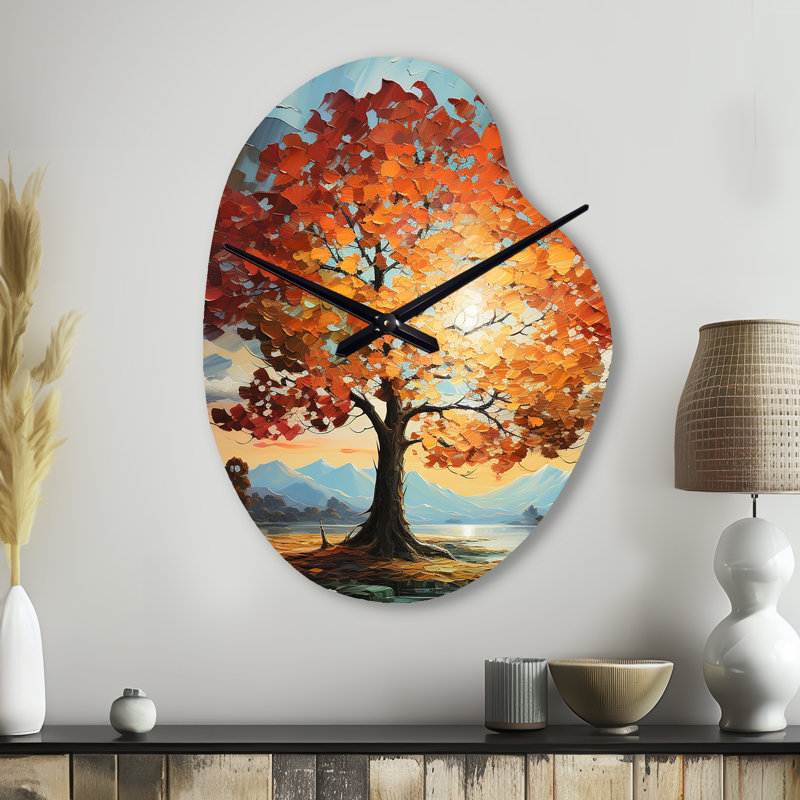 Orange Teal Maple Tree Majestic Maple - Pear Shape Decorative Orange Tree Maple Wall Clock, Small