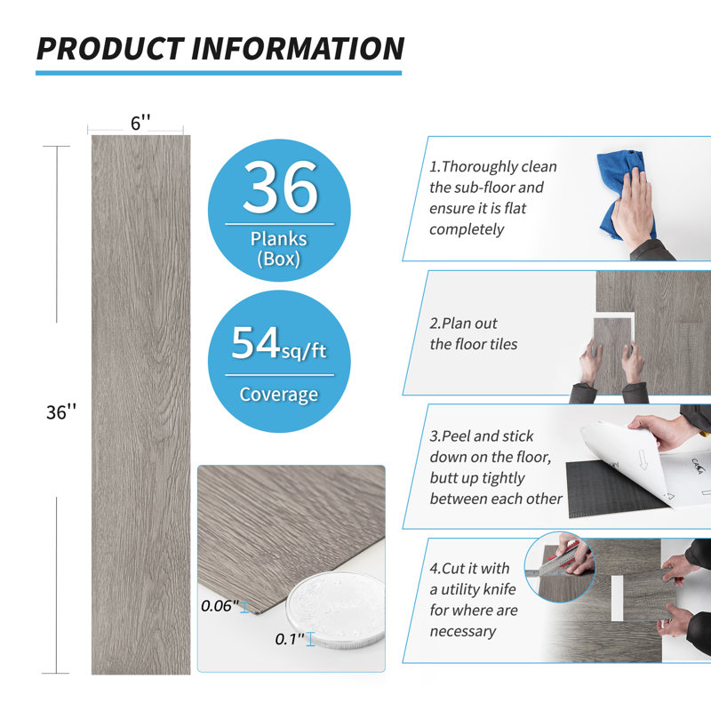 6'' W x 36'' L Peel and Stick Vinyl Flooring, Rigid Surface Hard Core Easy DIY Self-Adhesive Flooring, Gray Wood