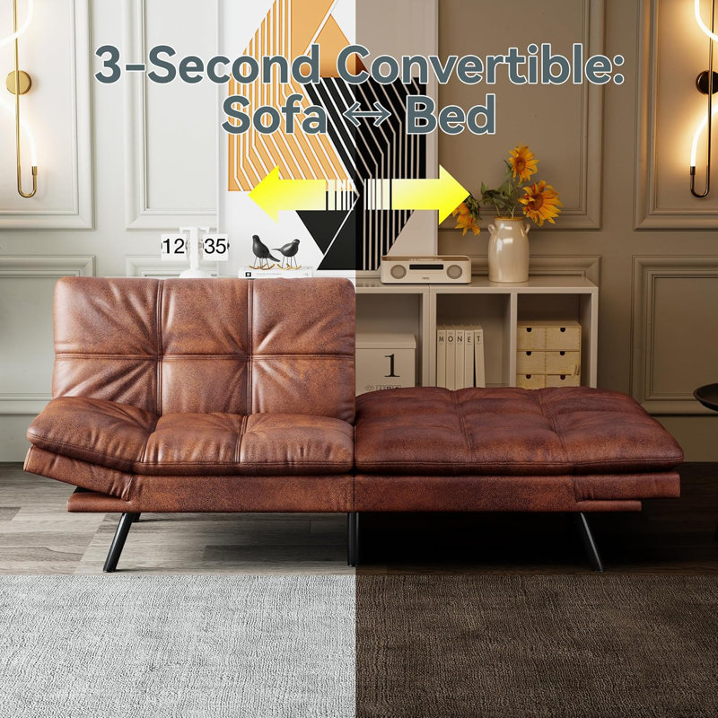 71" Faux Leather Futon Sofa Bed,Opoiar Lounge Memory Foam Sleeper Couch For Living Room,Convertible Modern Loveseat For Compact Living Spaces