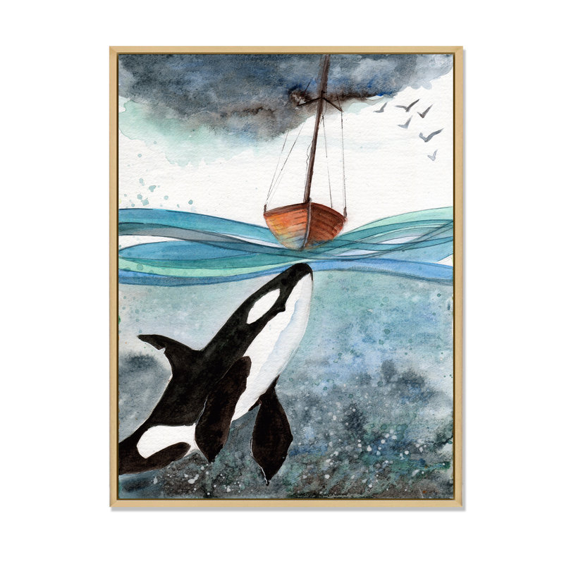 Orque dans la mer bleue - Peinture sur toile, H 32 po x l 24 po x P 1 po, Cadre flottant en érable