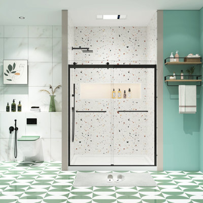 Sliding Bypass Shower Door, 5/16" Tempered Clear Glass, Matted Black, Nano Easy Clean, Leakage, Install Black Finish, Collision, Stainless Steel Handle,