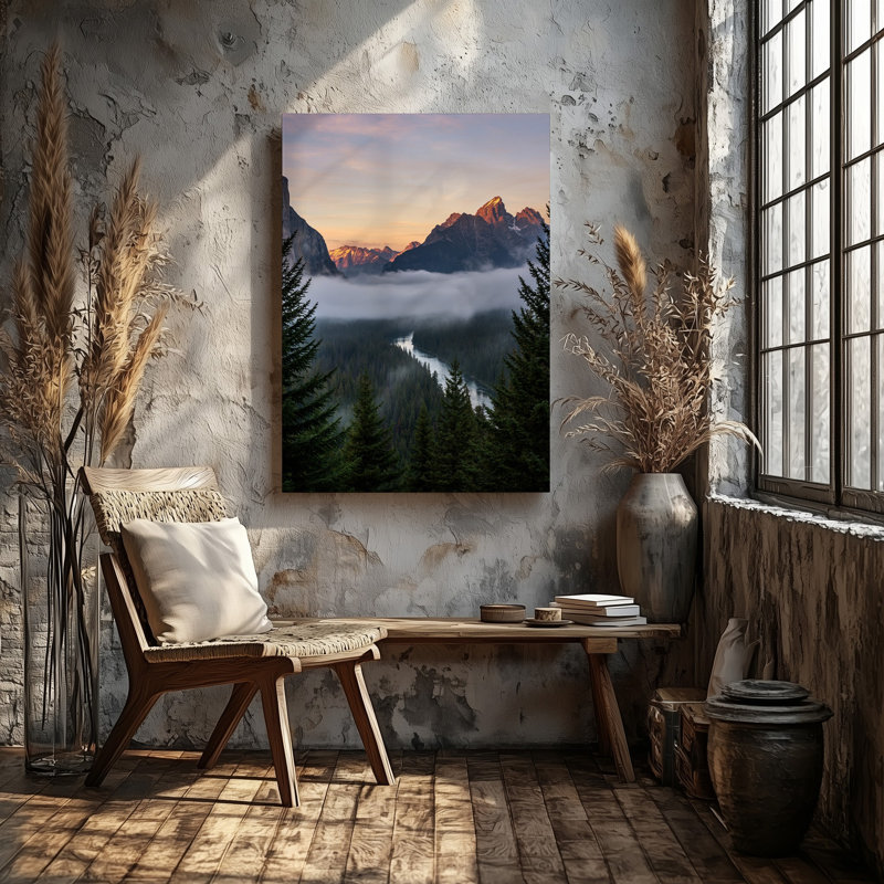 Toile, "Un paysage à couper le souffle à l'aube" avec majestueux Jagged Mountains, art mural enveloppé dans une brume douce