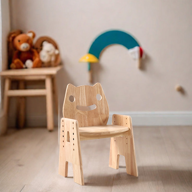 July Forest Solid Wood Adjustable Height Montessori Chair for Kids with Fun Cat Design - Heavy Duty 176 lbs, Cat