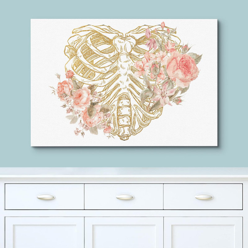 Squelette, cage à côtes, pastel, rose, fleurs, santé, art moderne, botanique, décoration murale, H 24 po x l 36 po