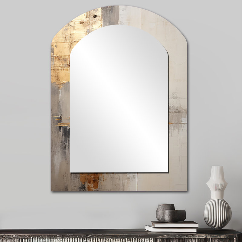 Or et beige Soft Fusion I - grand miroir asymétrique Pier, miroir mural décoratif en arche beige, impression d'art en métal