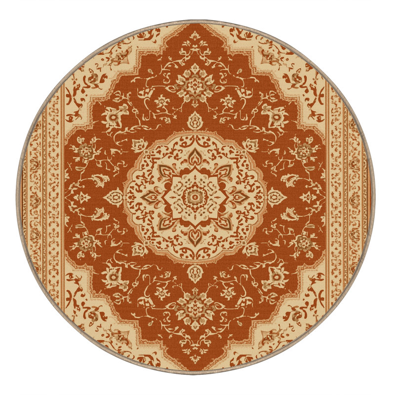 Machine Washable Pantelis Traditional Oriental Rug in Brown – Beige Binding, 6' Round