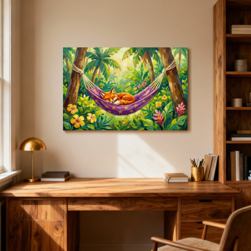 Animaux renard dormant dans un hamac dans un jardin tropical, H 28 po x l 40 po