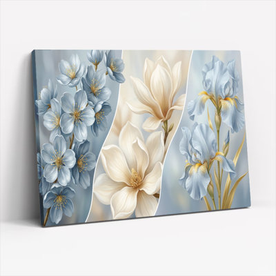 Ensemble de 1 tableau sur toile tendue représentant des fleurs bleues et un magnolia blanc