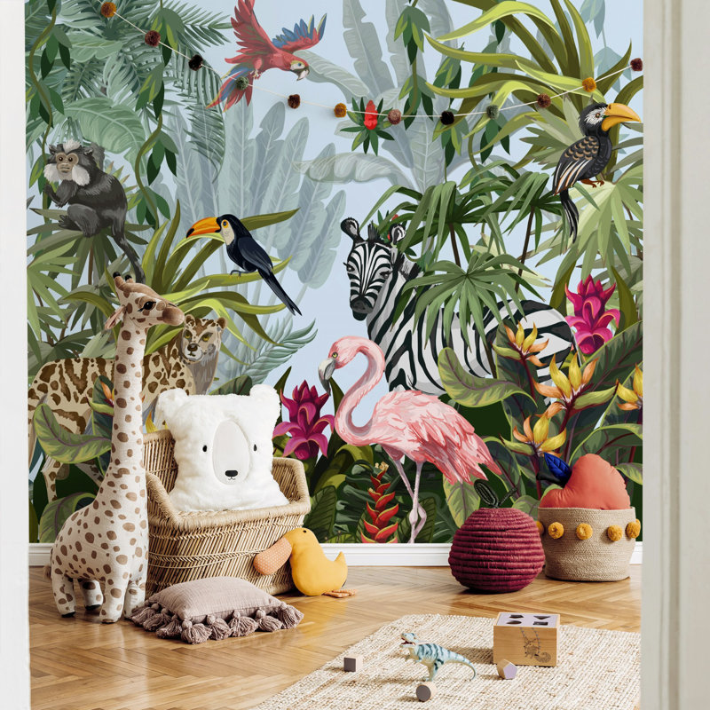 Tropical Safari Wall Mural Zebra Jungle Wallpaper, 75" L x 112" W