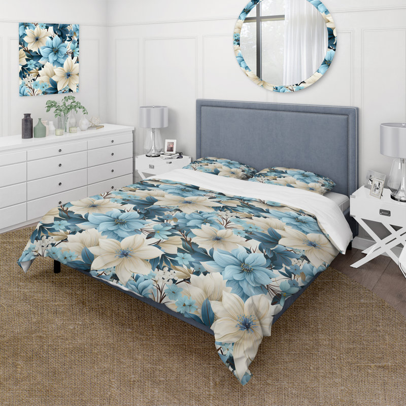Blue Coastal Harmony Floral Pattern II - Ensemble de housse de couette à motif floral