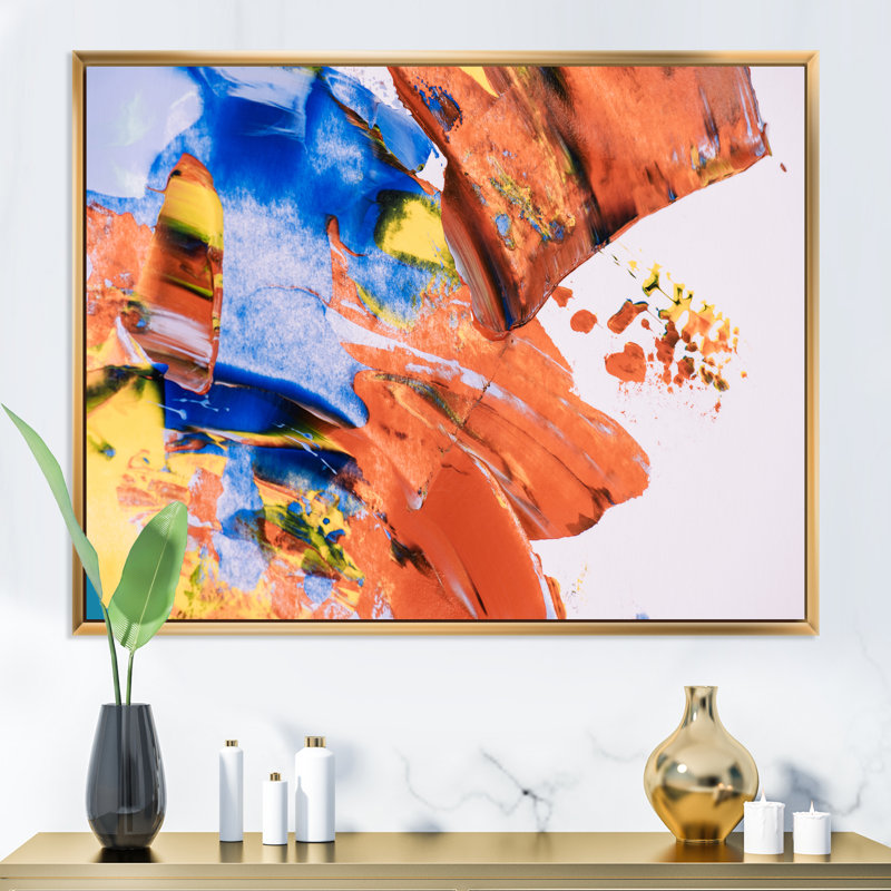 Abstrait abstrait orange et bleu II - art mural moderne sur toile, H 8 po x l 12 po x P 1 po, Cadre flottant doré