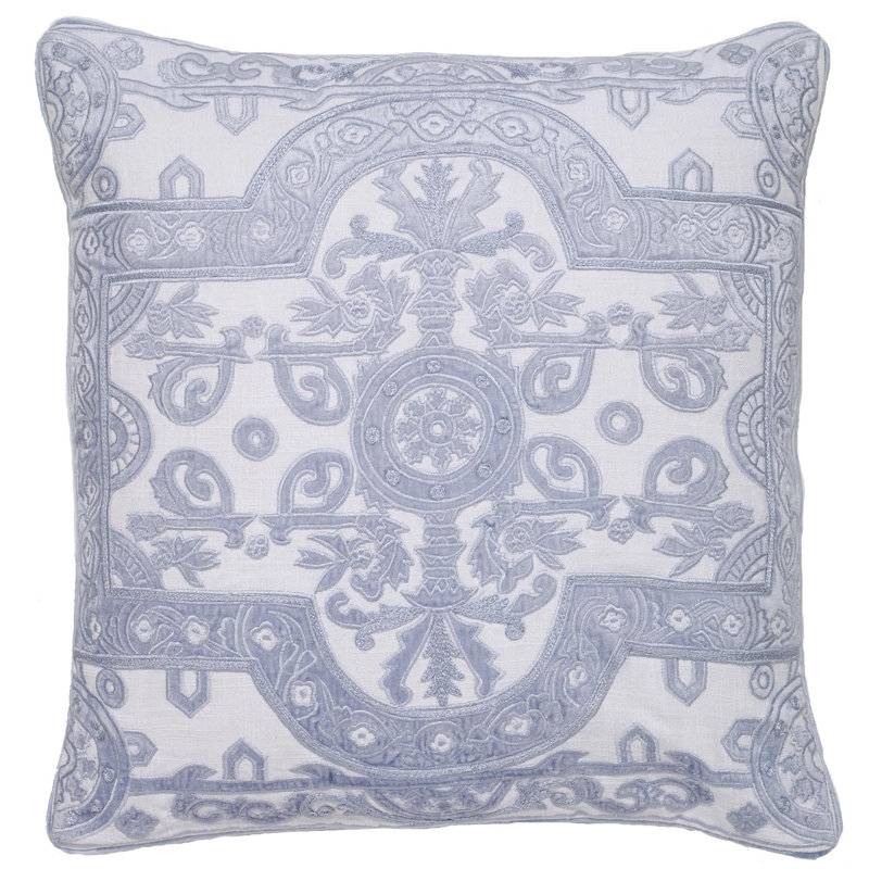 White Linen Square Pillow with Velvet Applique Embroidery