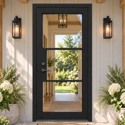 Ensemble de porte d'entrée extérieur en fibre de basalte 3-Lite 32 po x 80 po noir brossé avec cadre en PVC de 6/9/16 po, ouverture à gauche