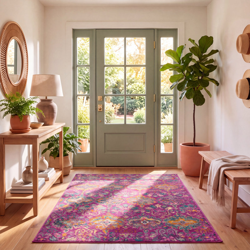 Tapis fuchsia / bleu Christa, Rectangle 5 pi 1 po x 7 pi 6 po