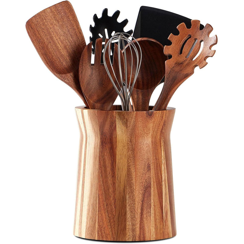 360° Rotating Acacia Wood Utensil Holder - 7.2"x6" Large Countertop Crock, Farmhouse Decor