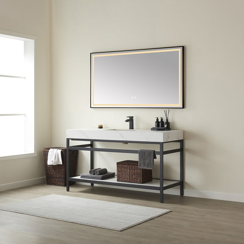 Funes 60" Matte Black and White Single Bathroom Vanity with Stone Top