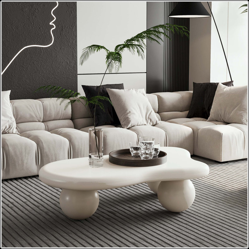 Table basse de 40 pouces en forme de nuage avec pieds sphériques, Blanc, crème