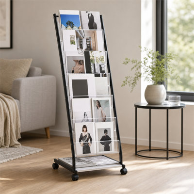 Présentoir de sol à brochures de 135,8 cm de haut, 6 compartiments et 6 niveaux, avec 2 roulettes verrouillables, support mobile pour magazines et catalogues, idéal pour les magasins, les expositions et les bureaux.