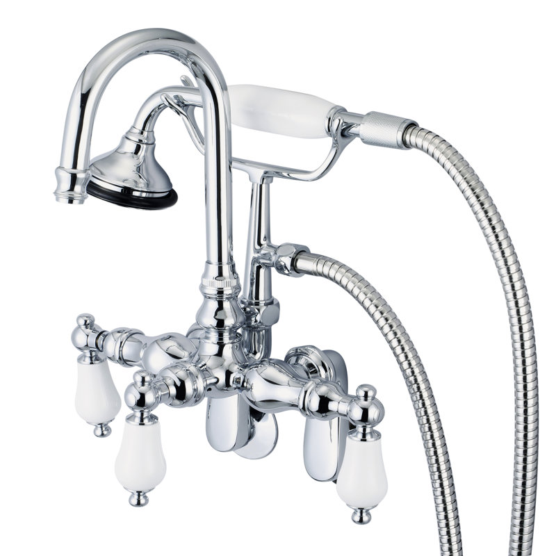 Stonington 3 Handle Wall Clawfoot Tub Faucet, Hand Polished, Richly Triple Plated Chrome Finish, Porcelain Lever Handles