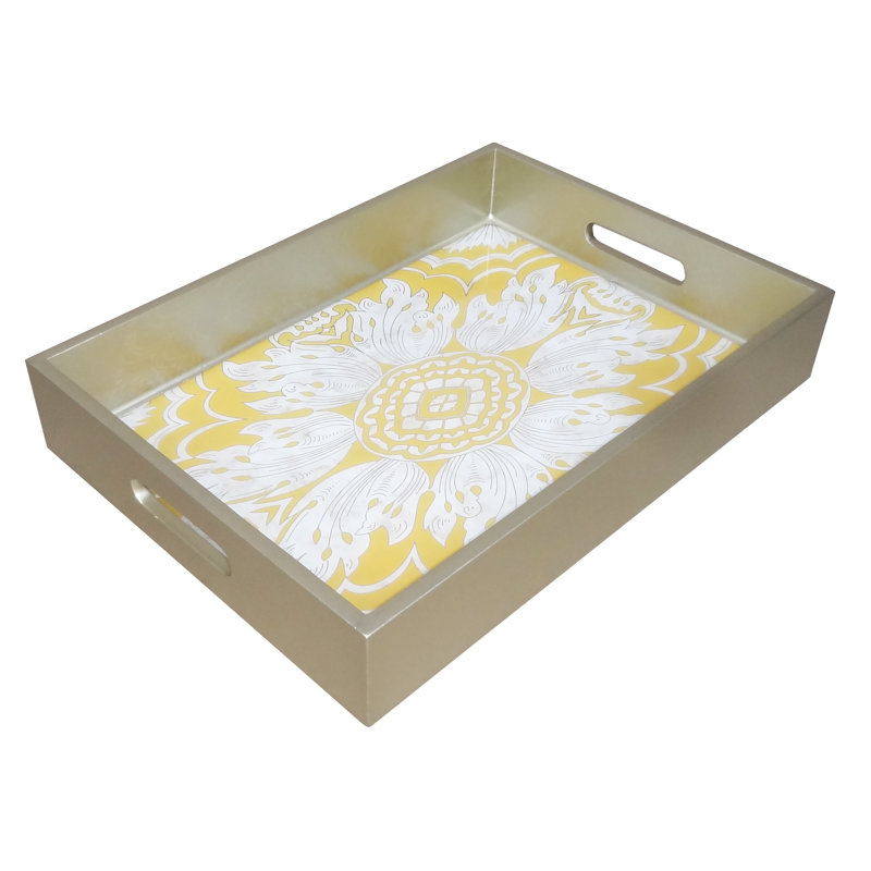 Handmade Reverse Painted Mirror Tray with Handles, Medium (2.6" H x 11" W x 15.8" L), Yellow