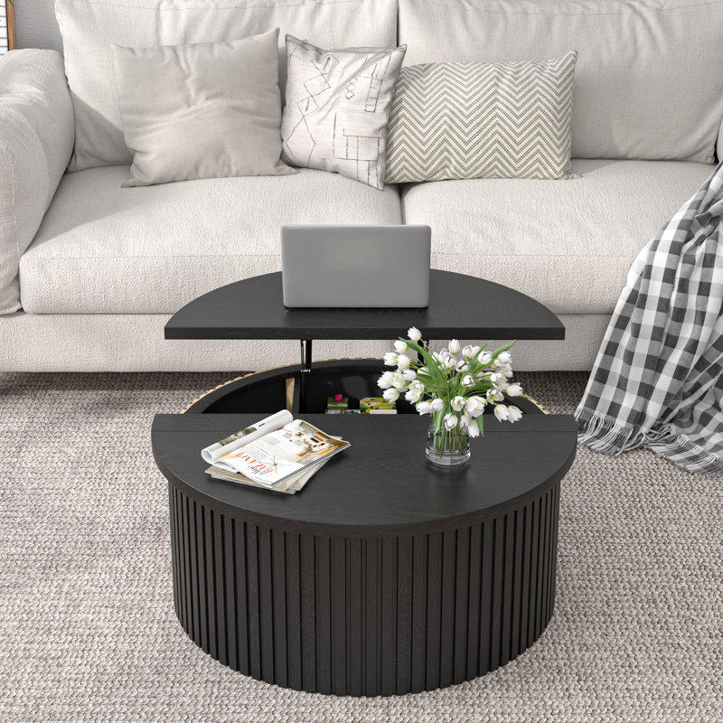 Black Round MDF Lift-Top Coffee Table with Hidden Storage