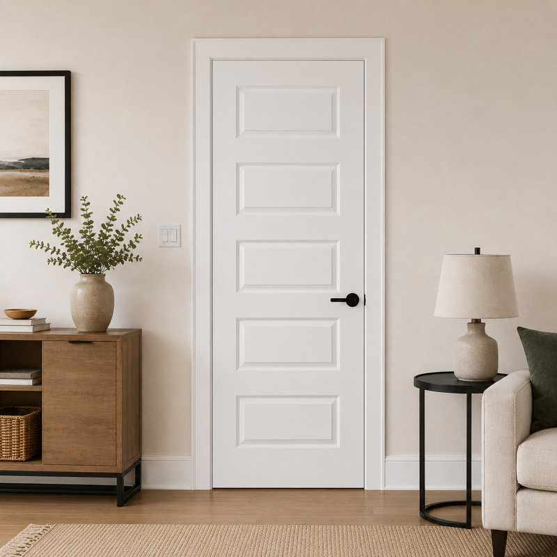Porte intérieure prémontée moulée à 5 panneaux avec chambranles et charnières, 36" x 80", Matte Black Hinge, Right