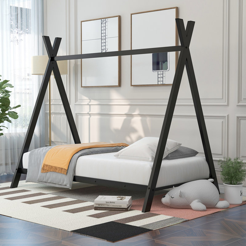Lit de maison en métal avec lit pour enfant, Noir