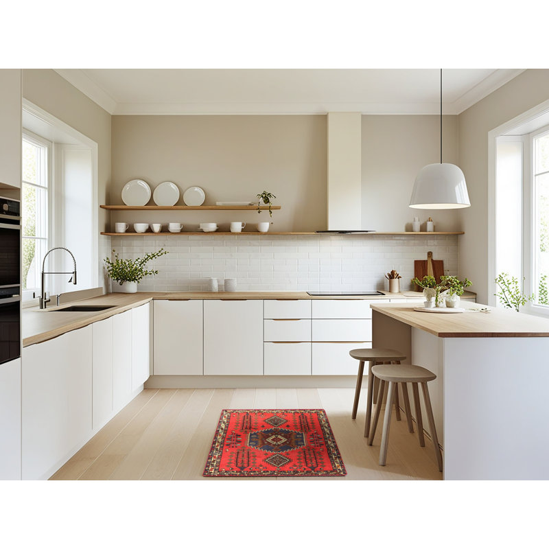 Tapis traditionnel rouge / bleu / beige, Rectangle 2 pi x 5 pi