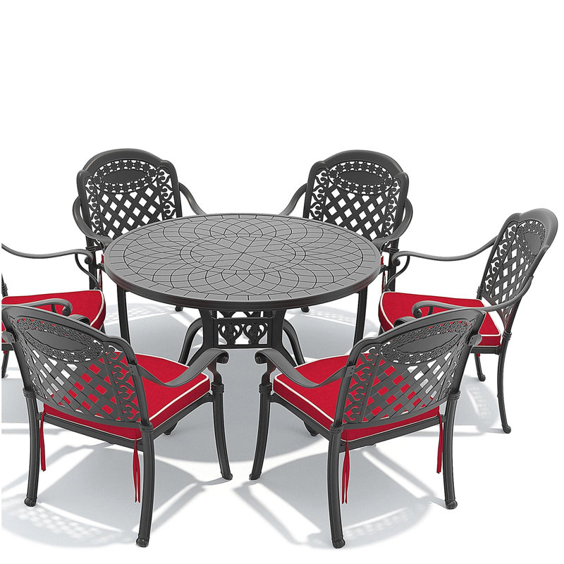 7-Piece Set Of Cast Aluminum Patio Furniture With Black Frame and Red Seat Cushions, Red