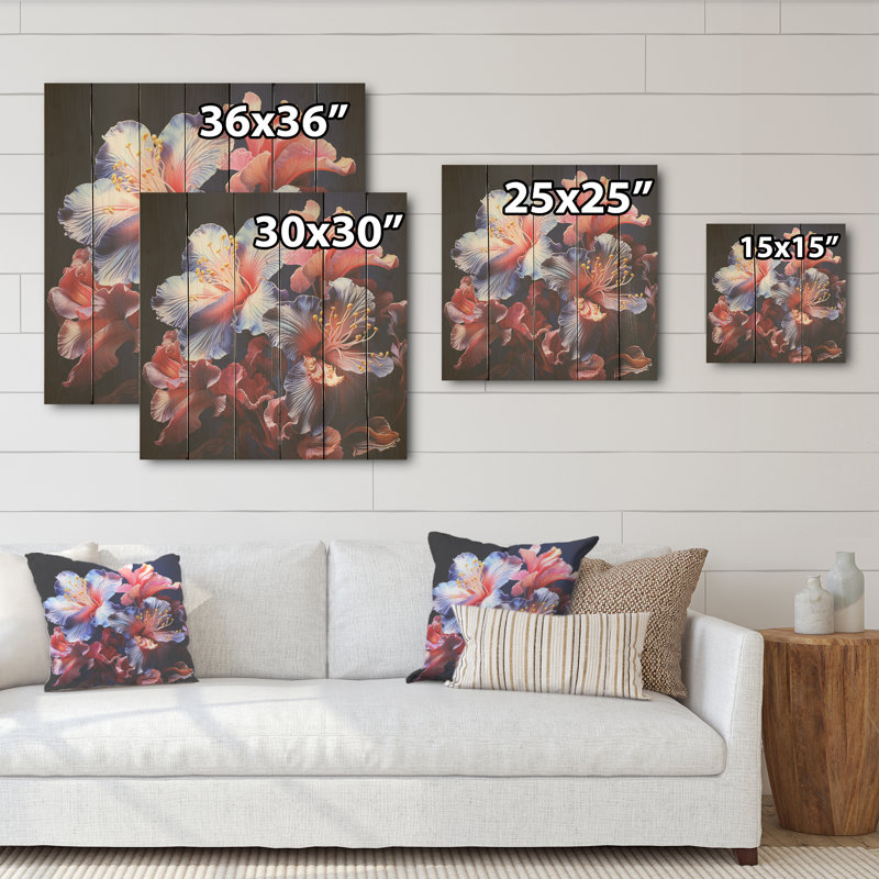 Coris et mauves iris Nocturnal Whispers - Art mural en bois d'iris sur bois de pin naturel, H 30 po x l 30 po