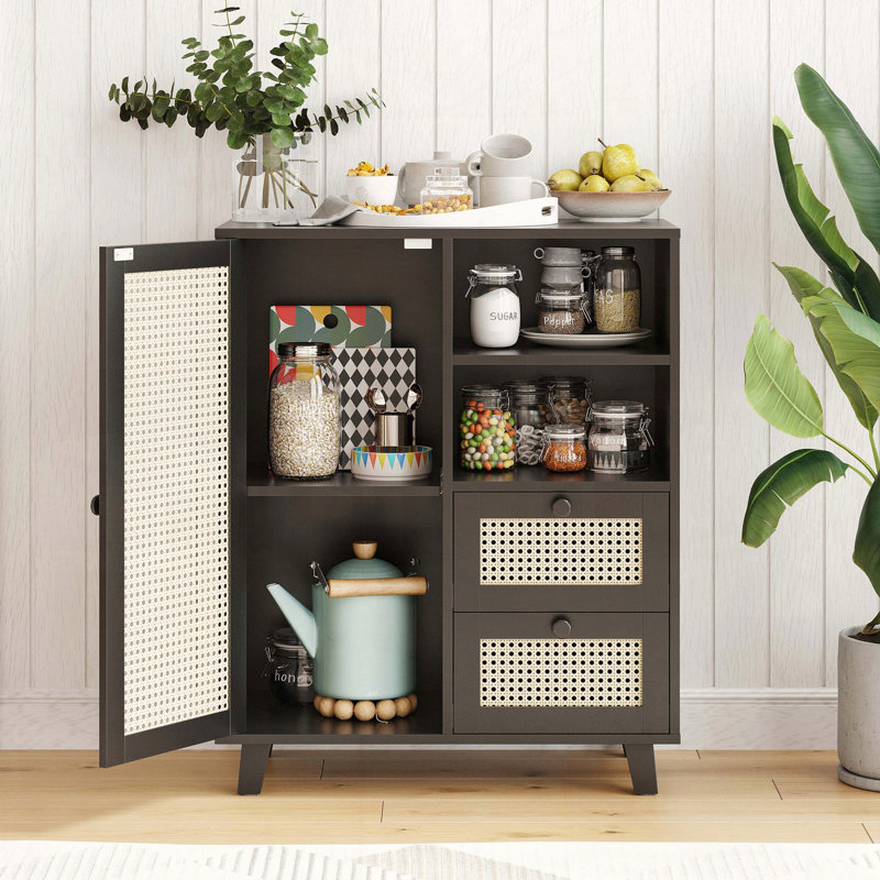 Rattan Buffet Cabinet with Drawers, Black