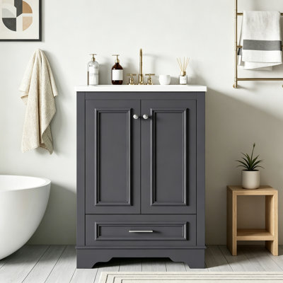 Meuble-lavabo de salle de bain avec lavabo, poignées en métal et portes à fermeture douce