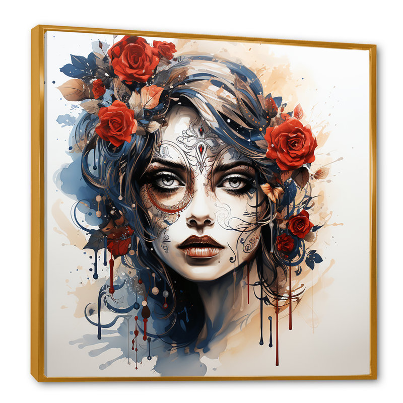 Jour de la mort, art mural mexicain encadré "Diva", Cadre flottant doré, 30" H x 30" W