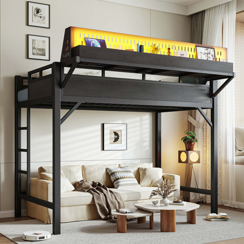 Structure de lit mezzanine peu encombrante avec rangement intégré, charge USB et éclairage DEL