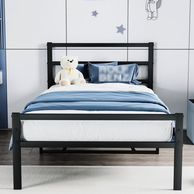 Structure de lit simple avec plateforme et tête de lit en métal - Solide, sans sommier, calme et tranquille, attaché à un lit de nuit (simple), silencieux