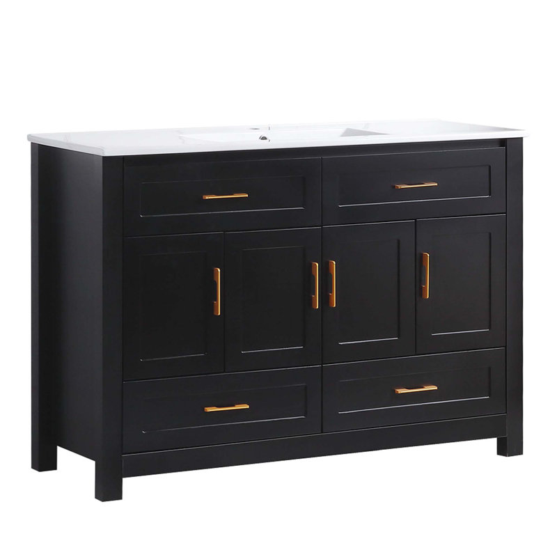 Ensemble de meuble-lavabo avec lavabo en céramique, armoire de rangement abondante - 4 portes à fermeture douce et 4 tiroirs