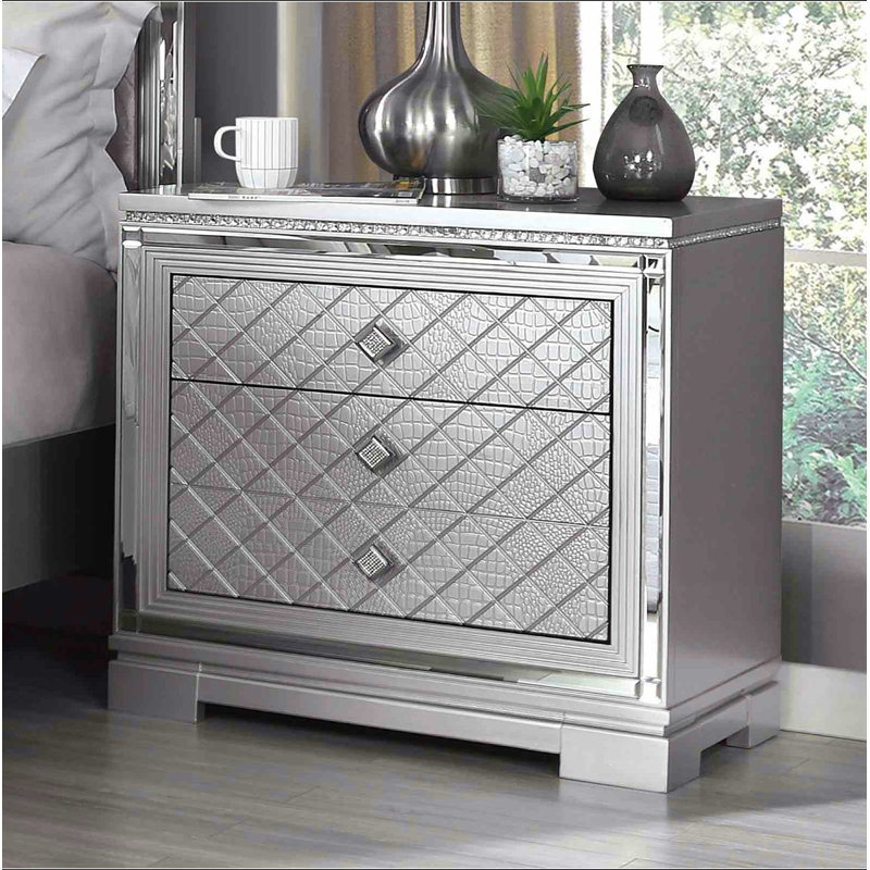 Glam Style finition argentée 1pc table de chevet cachée porte-bijoux port USB glissières à roulement à billes finition argentée