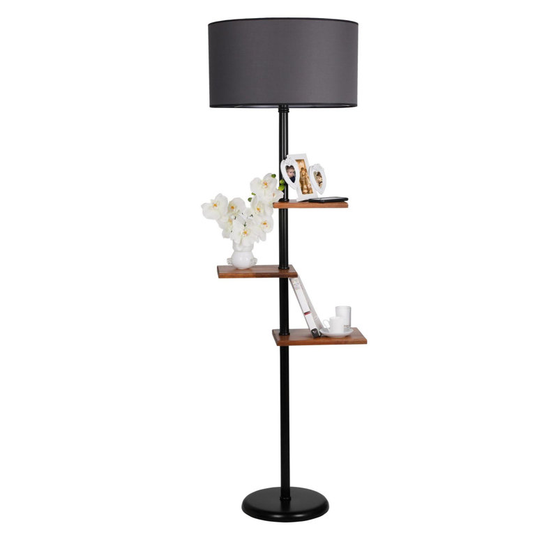 Luro Modern Floor Lamp with Metal Body & Wooden Shelves, 64.2 in Height | Fabric Cap (9.4 in Diameter) | Features 3 Shelves (11.8x9.1 in, 10.2x7.5 in, 9.8x6.3 in) | On/Off Switch, Stylish Black & Grey Design, Max 60W Socket