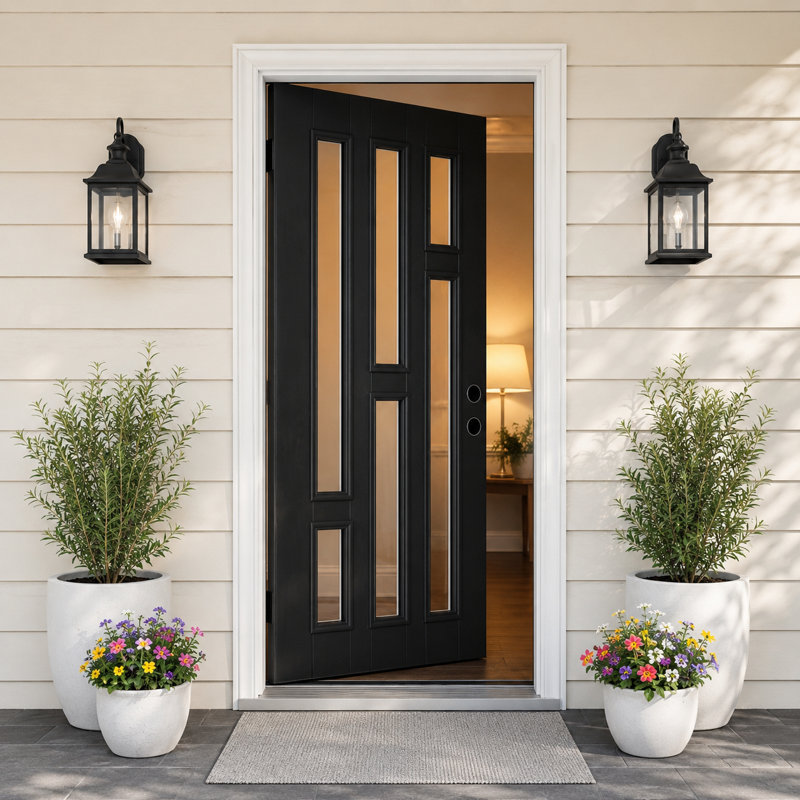 36 po x 80 po, porte d'entrée contemporaine en fibre de verre 6-Lite, finition noire, verre trempé transparent, ouverture à gauche