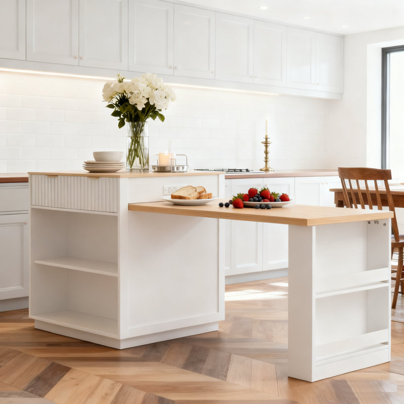 Îlot de cuisine cannelé 82,6 po avec table de salle à manger extensible et rangement pour 2 à 6 personnes, rangement double, station de charge, étagères à épices pour la salle à manger