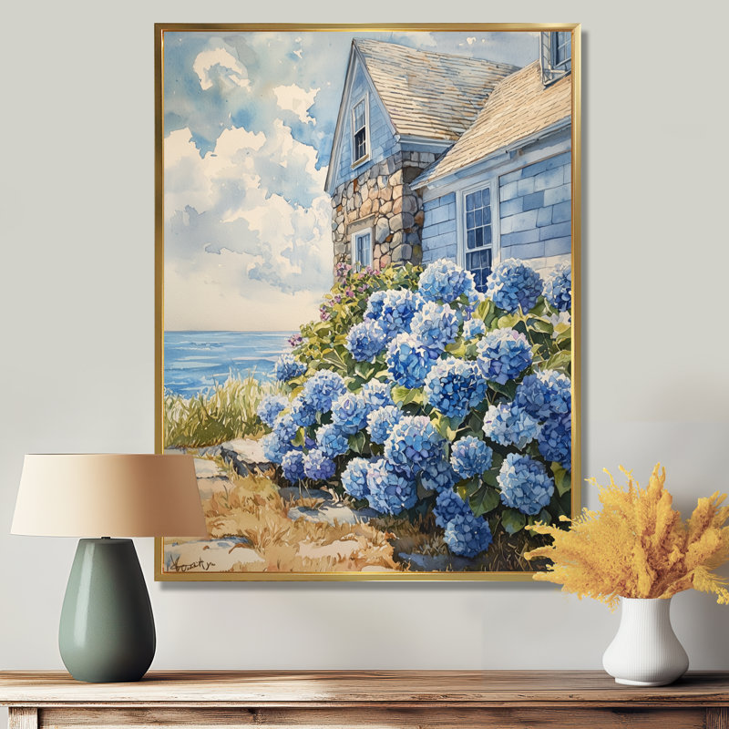 Ayanguans d'hortensias au bord de la mer - hydrangées, art mural, H 32 po x l 24 po, Reproduction avec cadre flottant, Doré