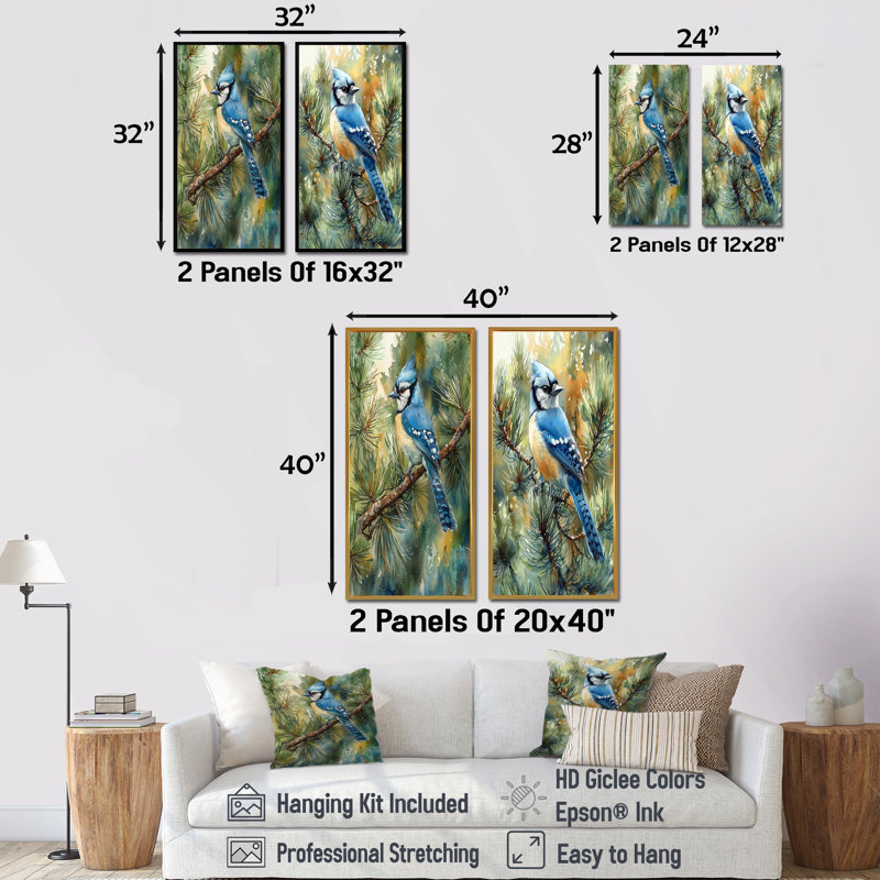 «Blue Jay parmi les pins», art mural 2 pièces, H 28 po x l 25 po, Toile tendue, Ne s'applique pas