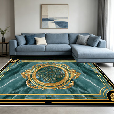 Tapis intérieur 1 pièce à motif médaillon doré turquoise, élégant et polyvalent. Facile à nettoyer et à entretenir, il est idéal pour la chambre, le salon, le corridor, l'entrée, une chambre d'étudiant ou un bureau, et apporte une touche de fraîcheur à votre intérieur.