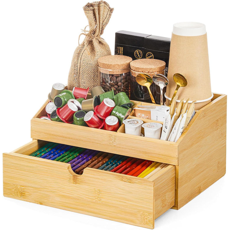 Organisateur de bar à café en bambou avec tiroir, rangement pour comptoir à espresso pour capsules, pailles, cuillères et accessoires pour le thé