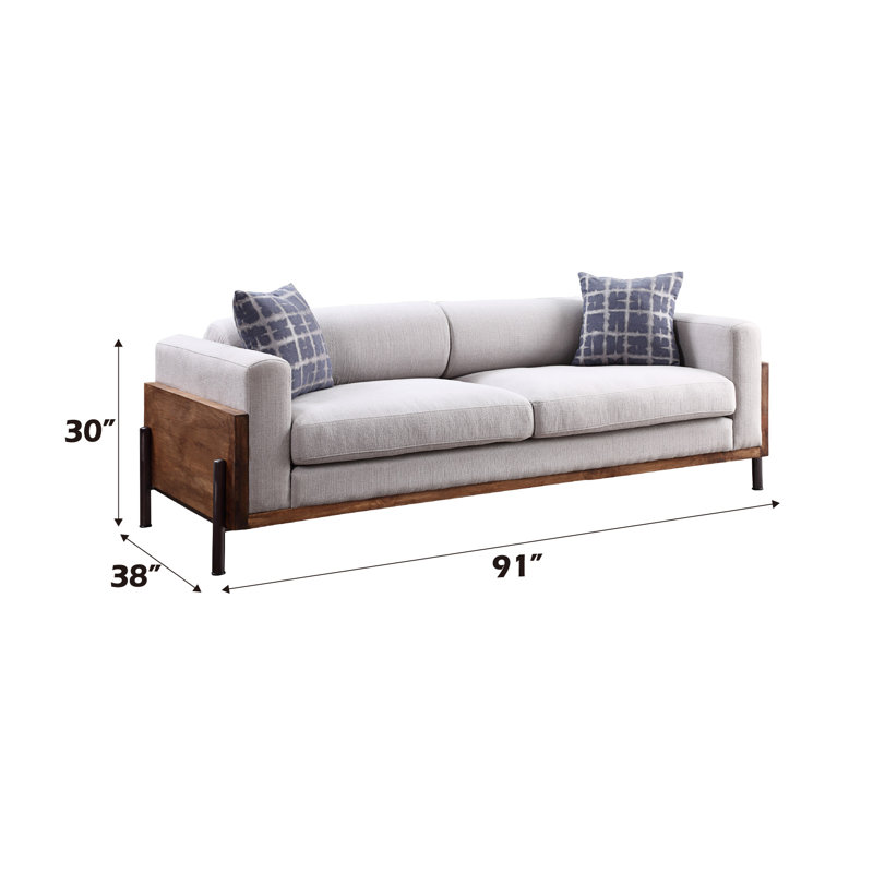Canapé Pelton en tissu et finition noyer avec 2 coussins décoratifs