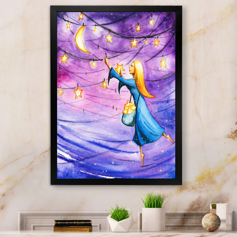 Magical Night With Skies - Art mural pour enfants, décoration sur toile, Cadre photo noir, H 20 po x l 12 po x P 1 po