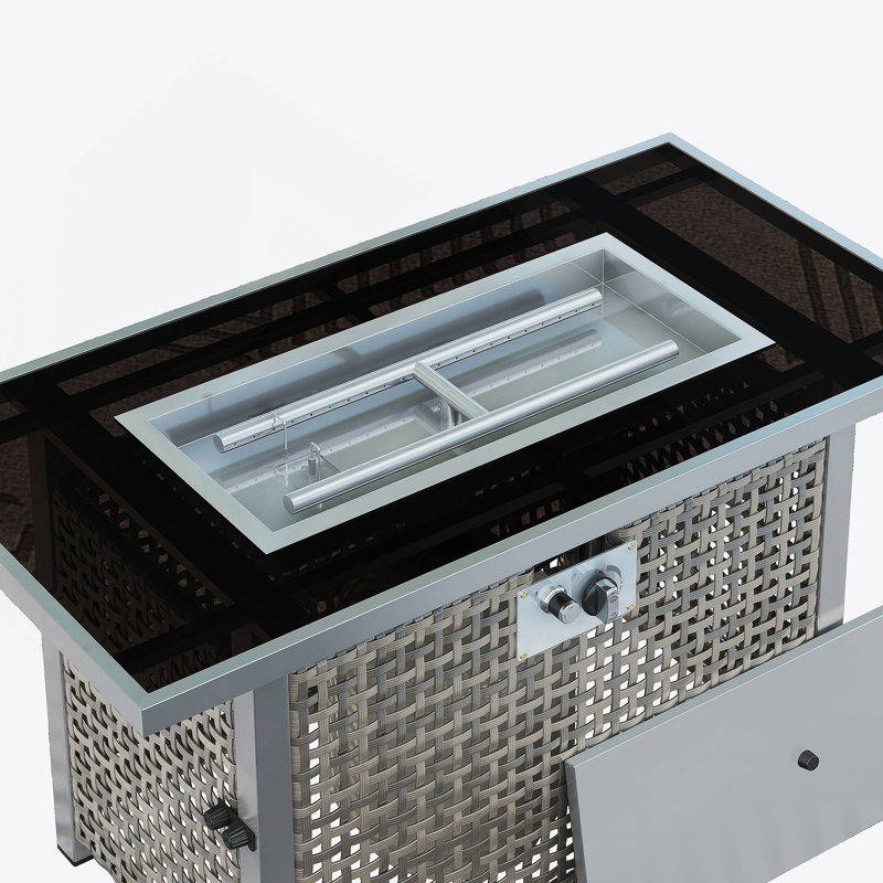 Foyer de table 43 po au gaz propane, foyer d'extérieur rectangulaire en osier à tissage ouvert de 60000 BTU avec pare-vent en verre pour terrasse extérieure - gris