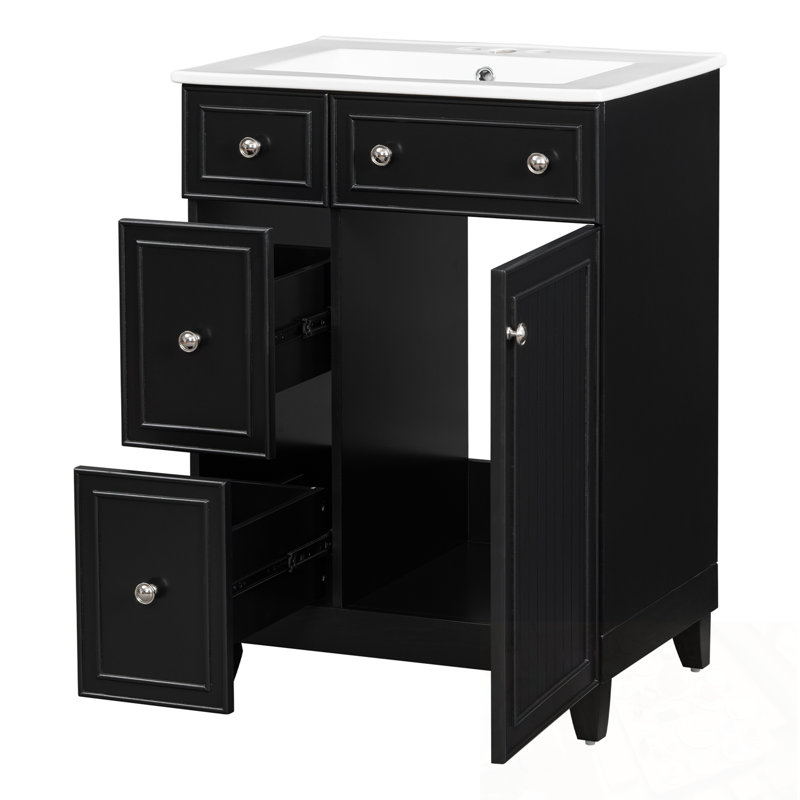 Armoire de salle de bain avec lavabo, 2 tiroirs et 1 porte à fermeture en douceur, Noir